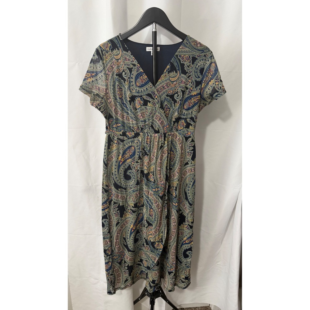 Croft & Barrow Womens Navy Blue Paisley Faux Wrap V-Neck Midi Dress Small